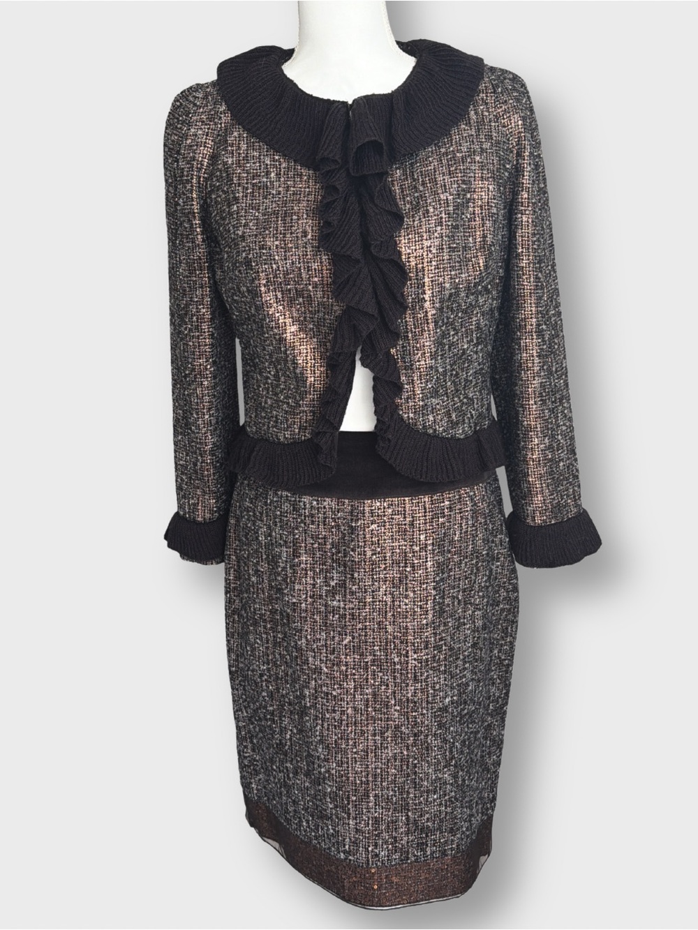 Magaschoni Metallic Tweed 2-Pc Skirt Suit Size 8 Gold Copper Sequin Trim